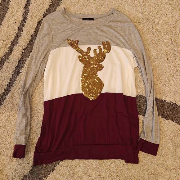 Acting Pro Women XL tri color top gold sequin reindeer Christmas holiday - Picture 1 of 5